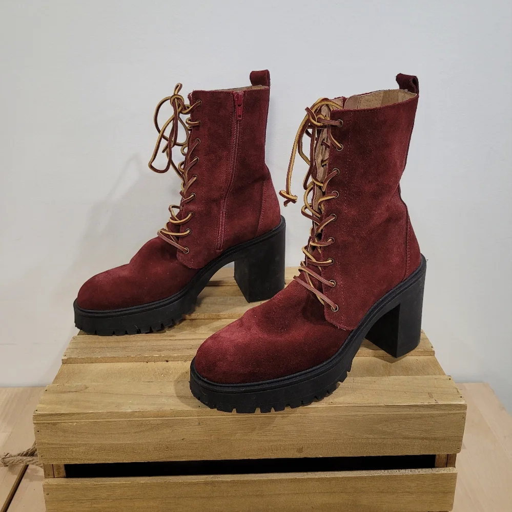 Free People Dylan Burgundy Suede Leather Lace-Up Combat Boots